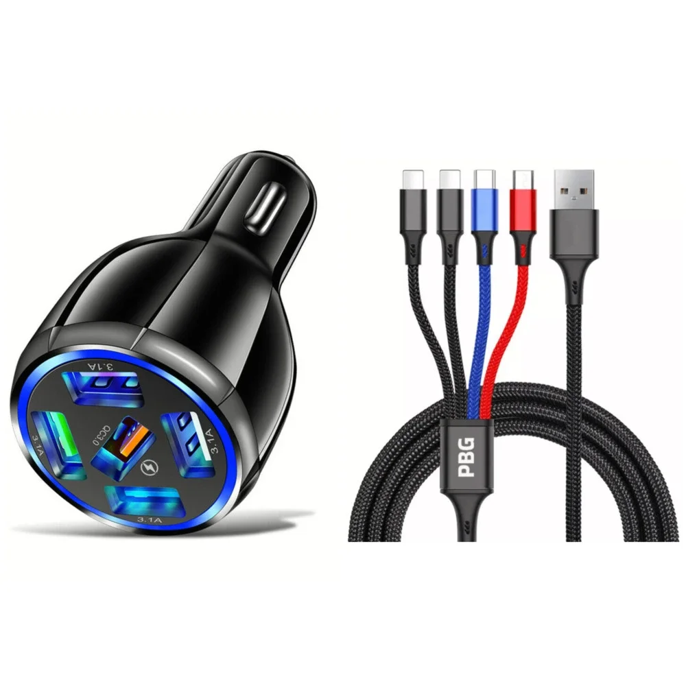 PBG 5 Port LED Car Charger and 4 in 1 Nylon 4 FT Charging Cable Bundle - Picture 10 of 10